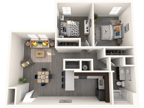 Floor plan for 2 beds, 1 bath, 786 sqft